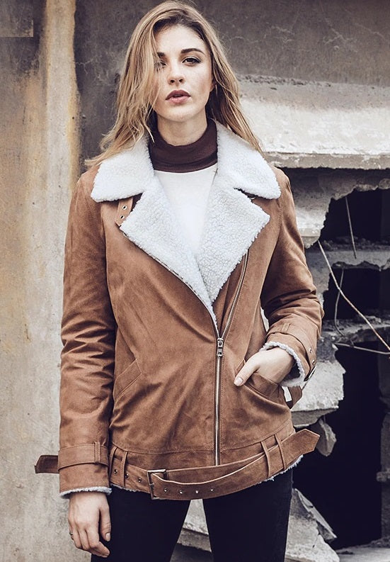 Brown Fur Collar leather Shearling jacket in USA