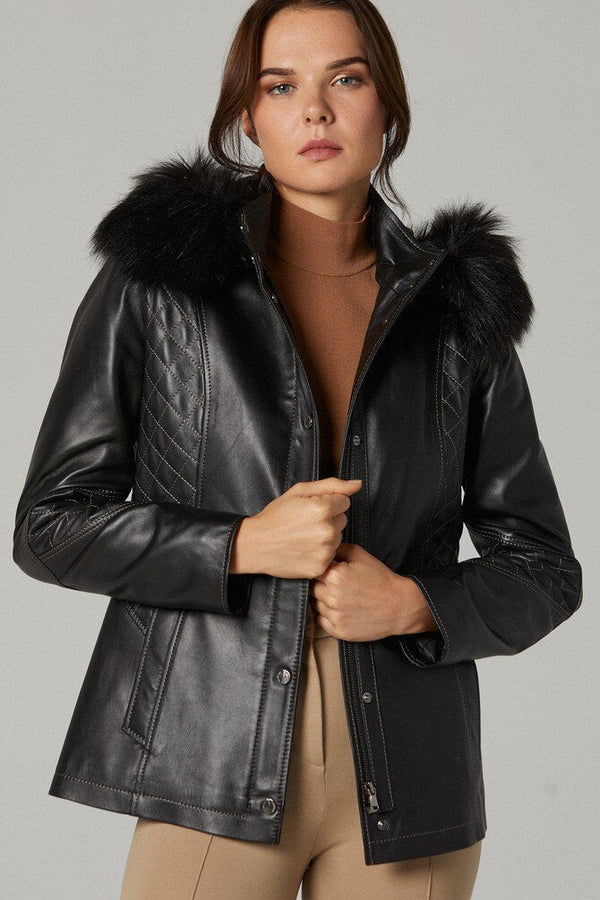 Women Premium Quality Sheepskin Leather Faux Fur Hoodie By TJS