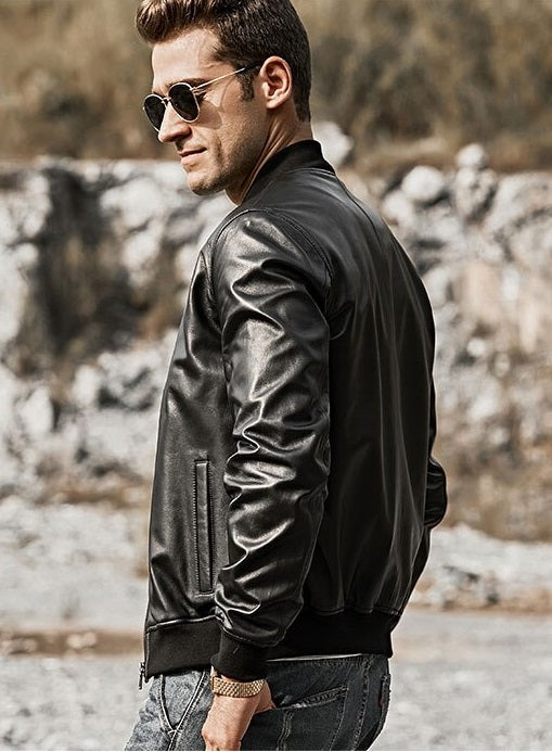Lambskin v-neck collar style leather jacket for men