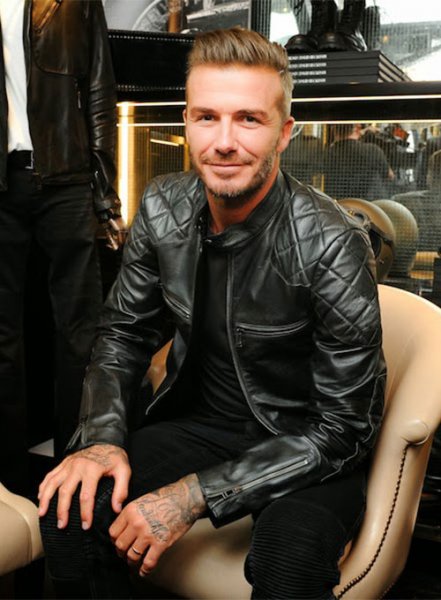 Sleek black leather jacket worn by David Beckham in France style