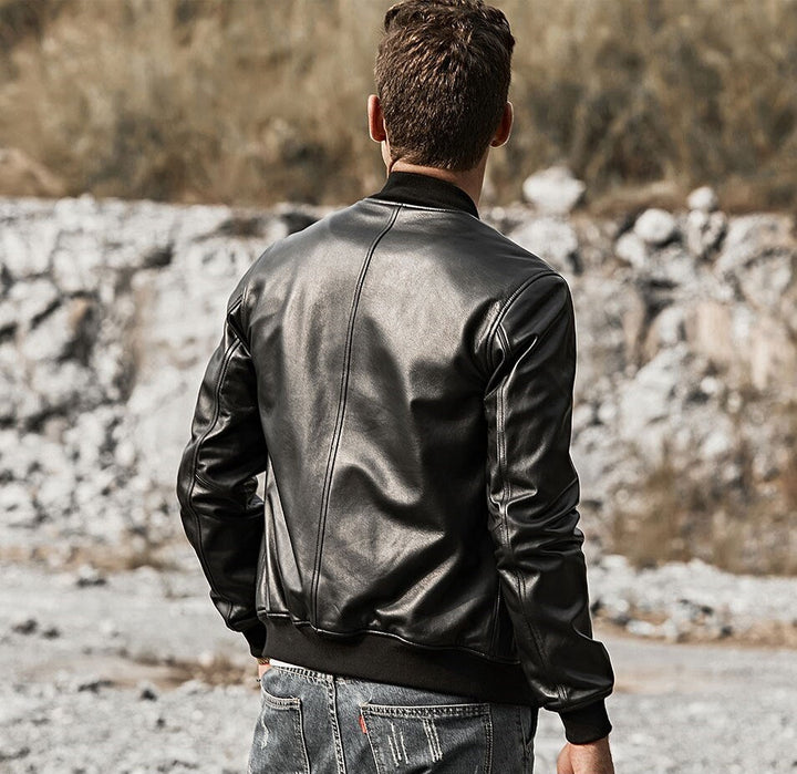 Lambskin v-neck collar leather jacket for men in USA