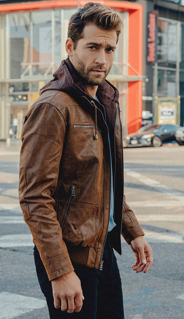 Men's Leather Jacket With Removable Hood Genuine in USA