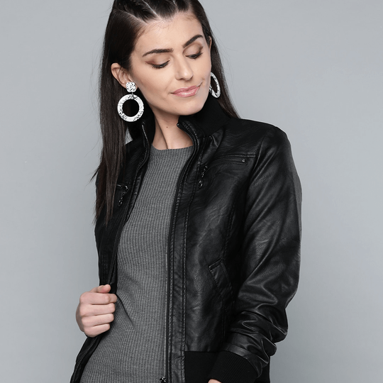 Black Bomber Leather Jacket for women in USA