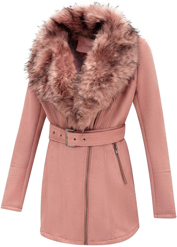 Shearling Pink Coat with Faux Fur Collar long coat in leather for Women