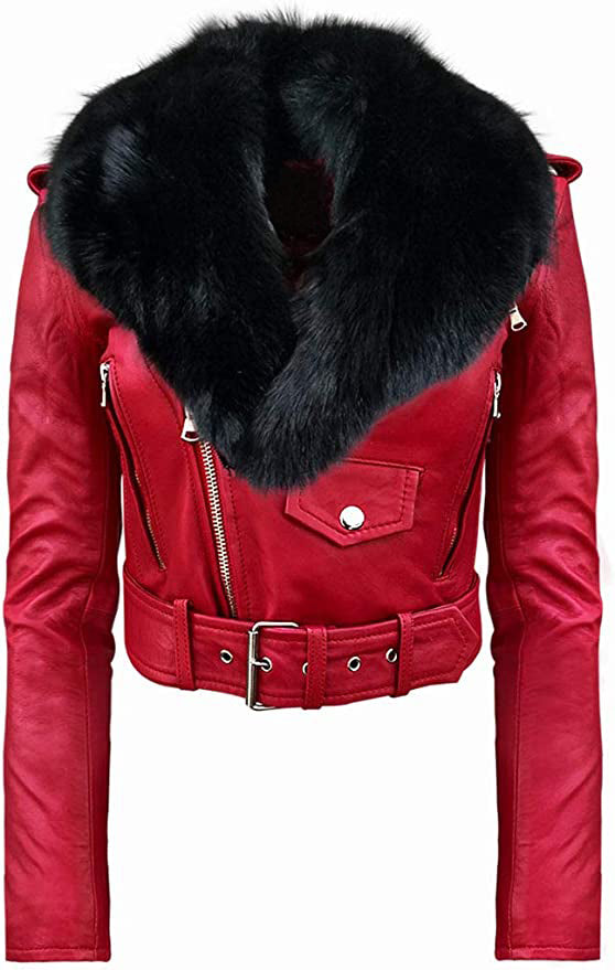 Detachable faux fur collar leather jacket for women