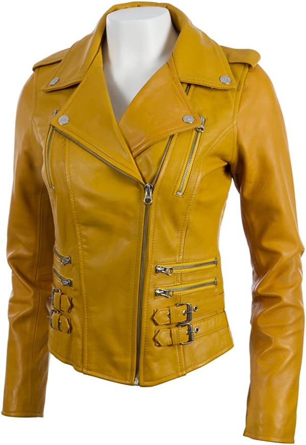 Yellow leather jacket for women