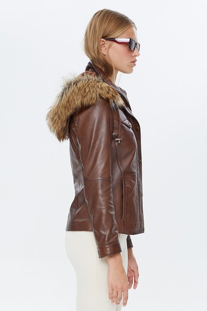 hoodie faux shearling leather jacket for women