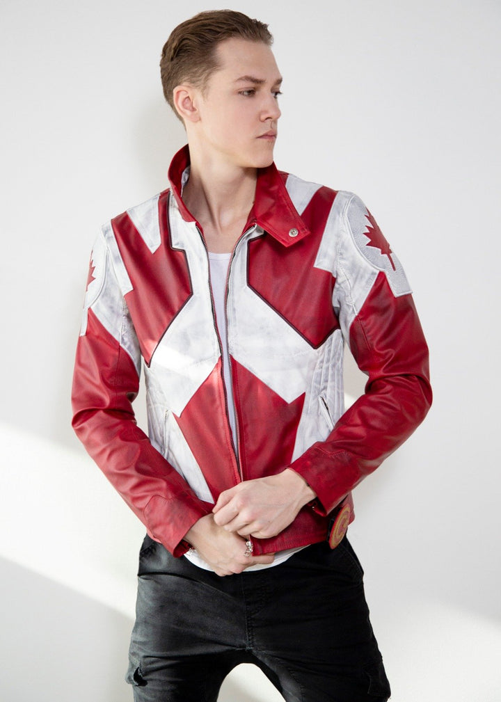 Candian flag in usa for men leather jacket