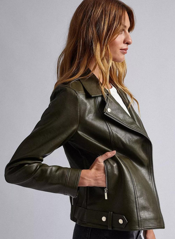 Dark green real cow leather jacket for women