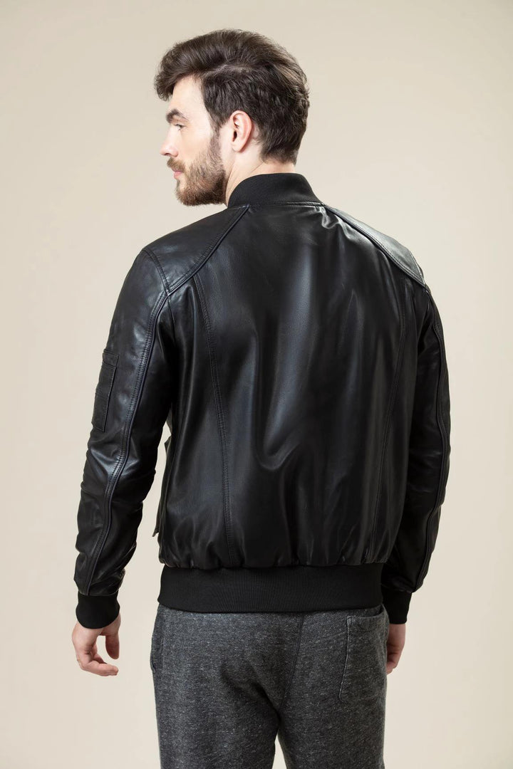Men's black bomber leather jacket in USA