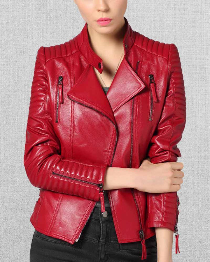 Edgy and stylish red leather jacket with unique design in UK style