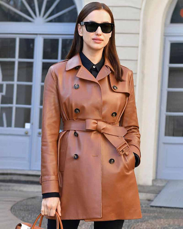 Irina's Dapper Duet: a chic leather coat for any occasion USA style