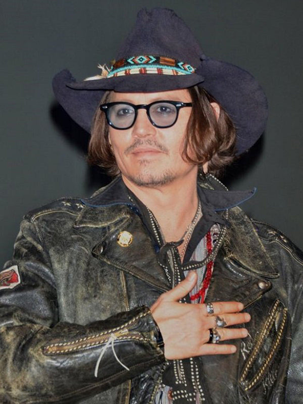 Johnny Depp distressed black leather jacket front view in USA