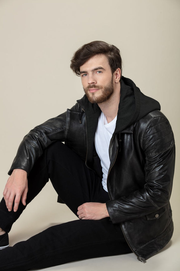 Hoodie Bomber fit leather for men