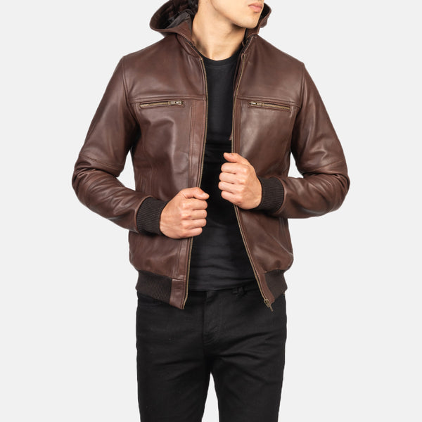 Trending Brown Bomber Hooded Leather Jacket For Men