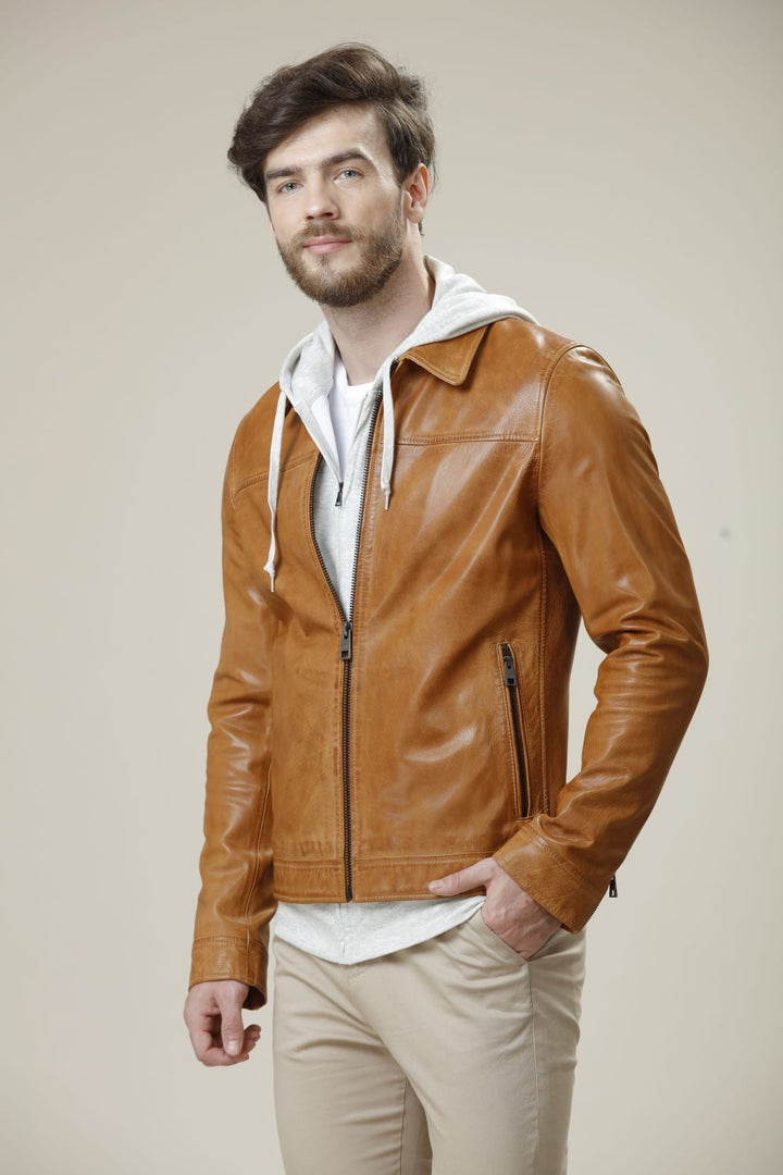 Brown hoodie leather jacket for men in USA