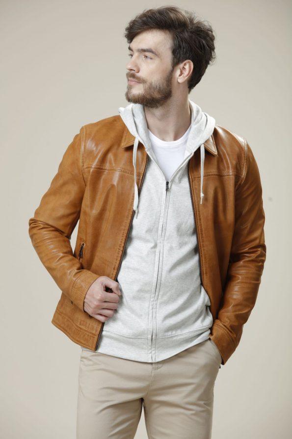 Impressive Camel brown hoodie leather jacklet