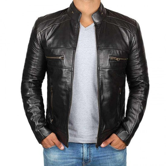 Black Decant Leather Jacket For Men’s by TJS