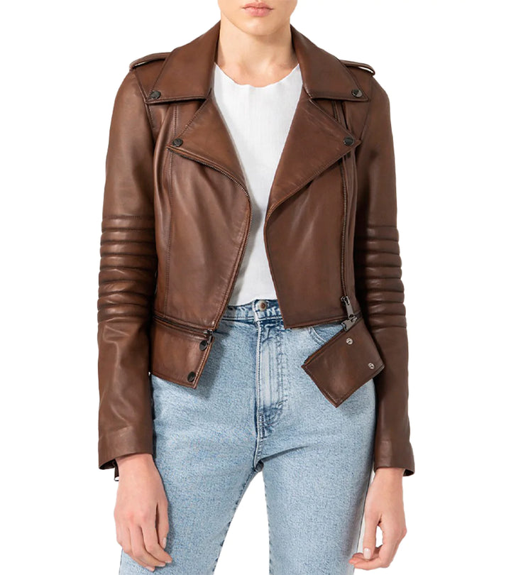 Brown Stylish biker leather jacket for women in USA