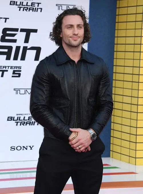 Fashionable actor Aaron Taylor Johnson in a cool leather jacket in United state market