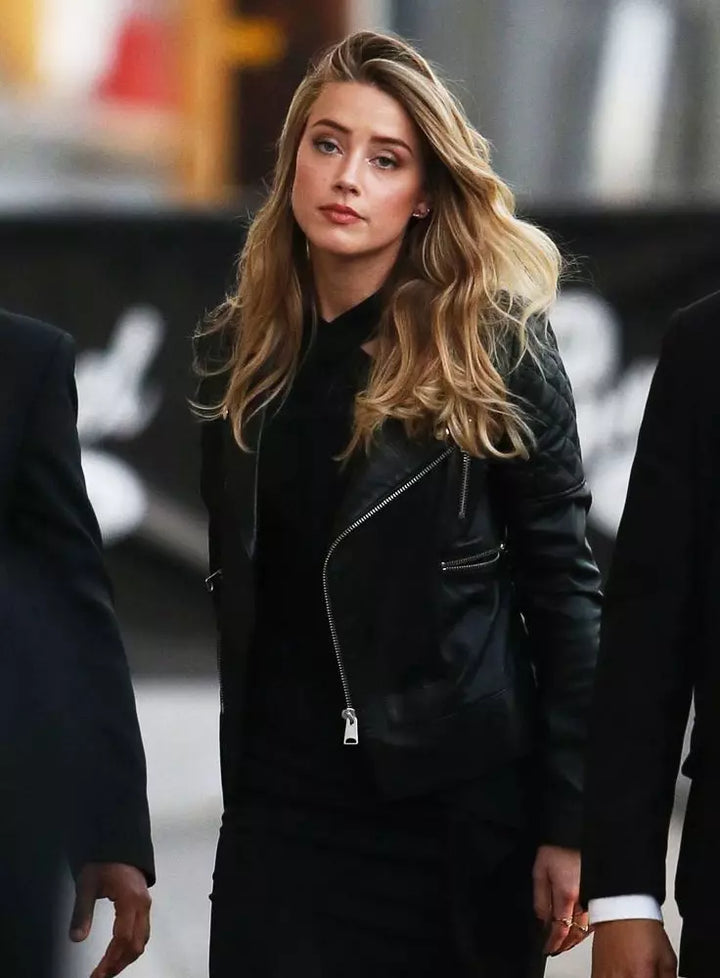 Iconic fashion: Amber Heard in a black biker jacket in American style