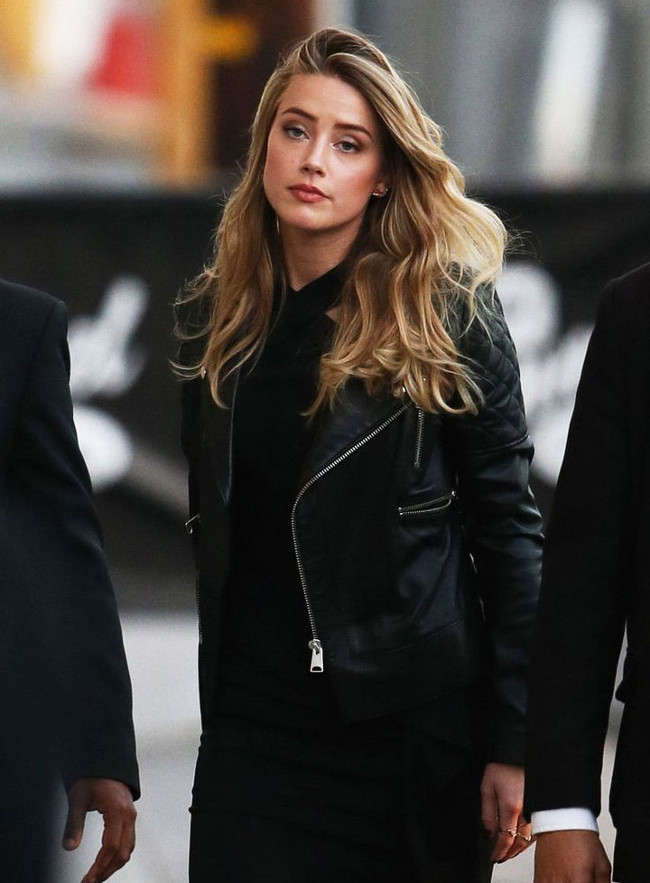 Chic and fearless: Amber Heard in a black leather jacket in France style