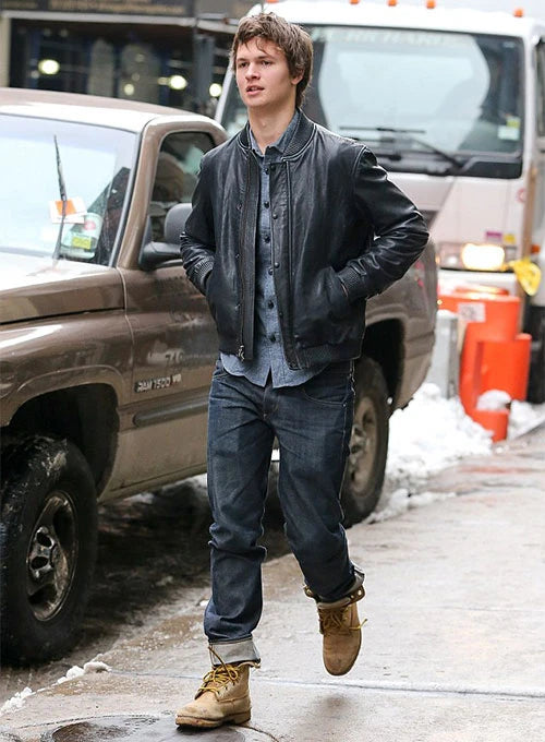 Ansel Elgort looking sharp in a black leather jacket in USA market
