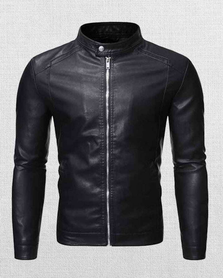 men's zip-up leather jacket with stand collar for sale in USA