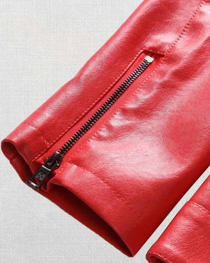 stylish red leather jacket with lapel collar