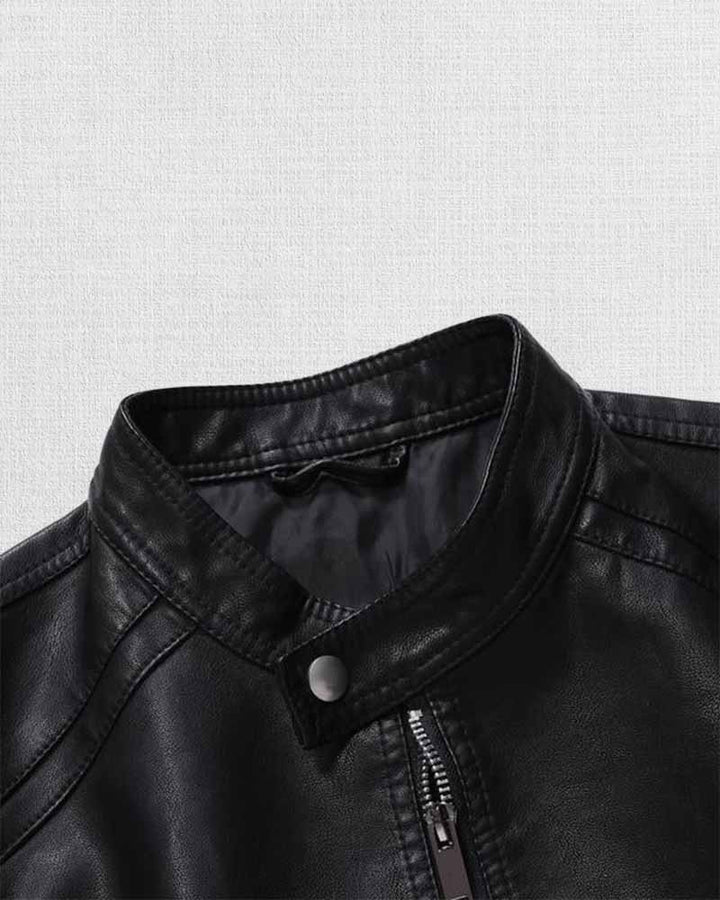 stylish men's zip-front stand collar leather jacket