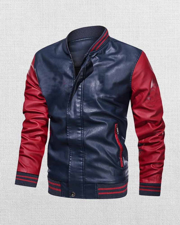 Upgrade your wardrobe with this vintage color block leather baseball jacket for men in USA
