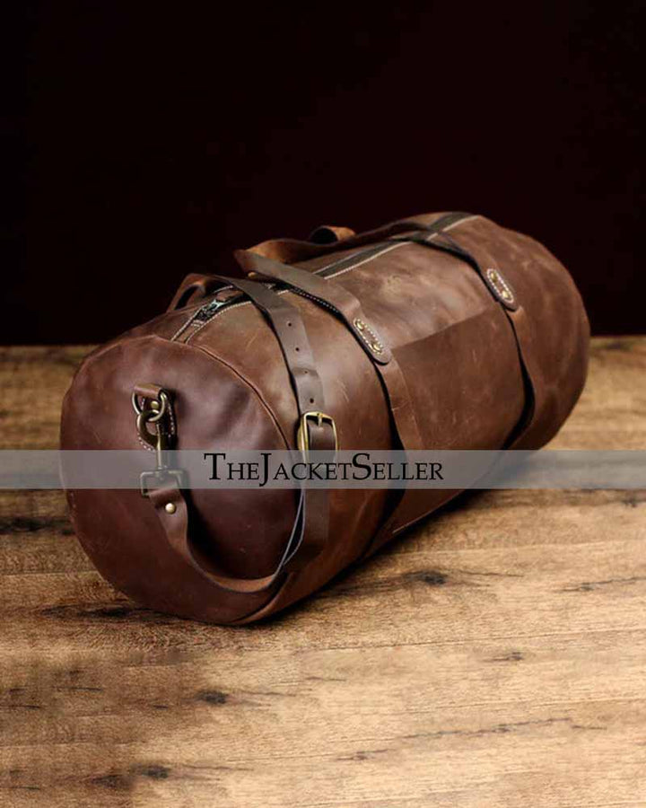 Vintage-inspired dark brown duffle bag with rugged style in USA market