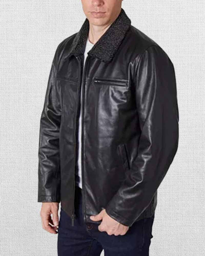 Men's black leather jacket with silver hardware in USA