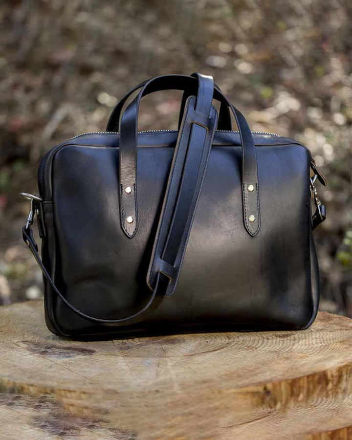 Handmade Horween Chromexcel Black leather briefcase for work or travel in US