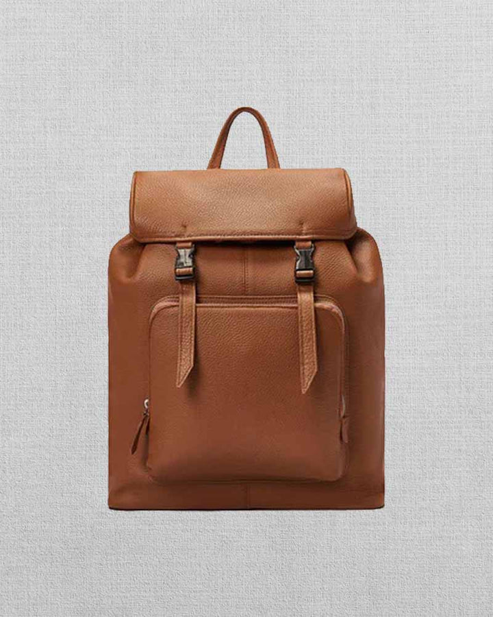 Tan leather backpack with buckle closure in American style