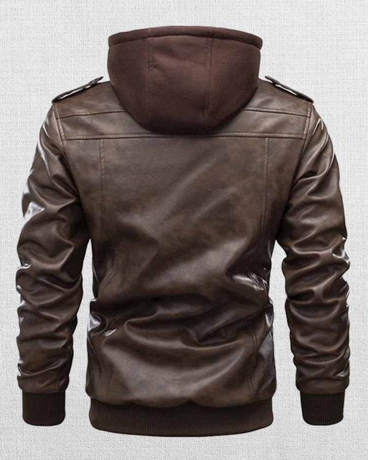 Men's multi-pocket hooded leather jacket, perfect for casual wear in USA