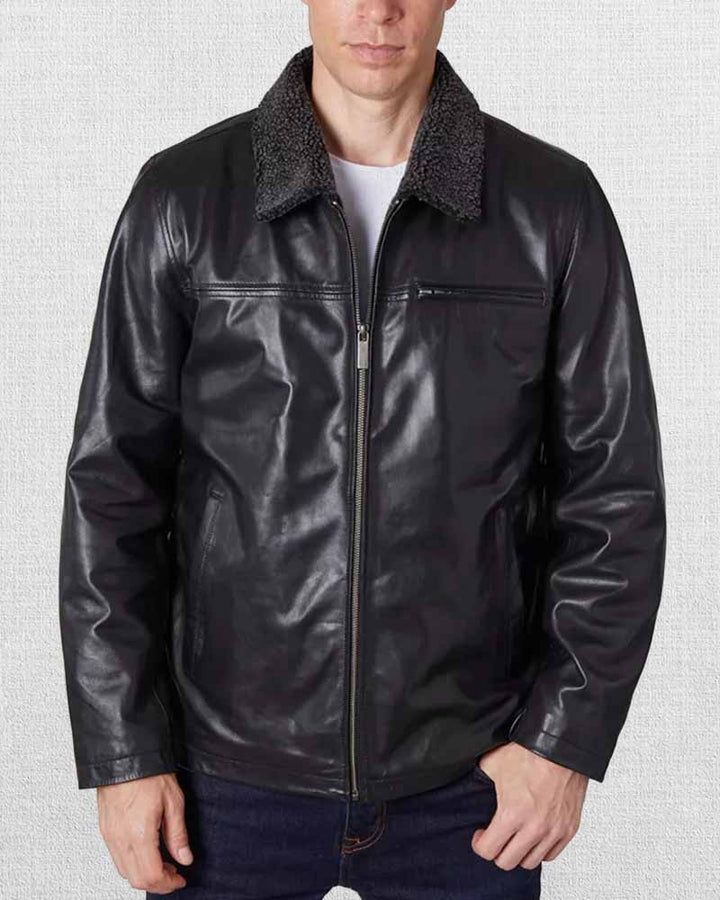 Stylish men's leather jacket with front zipper