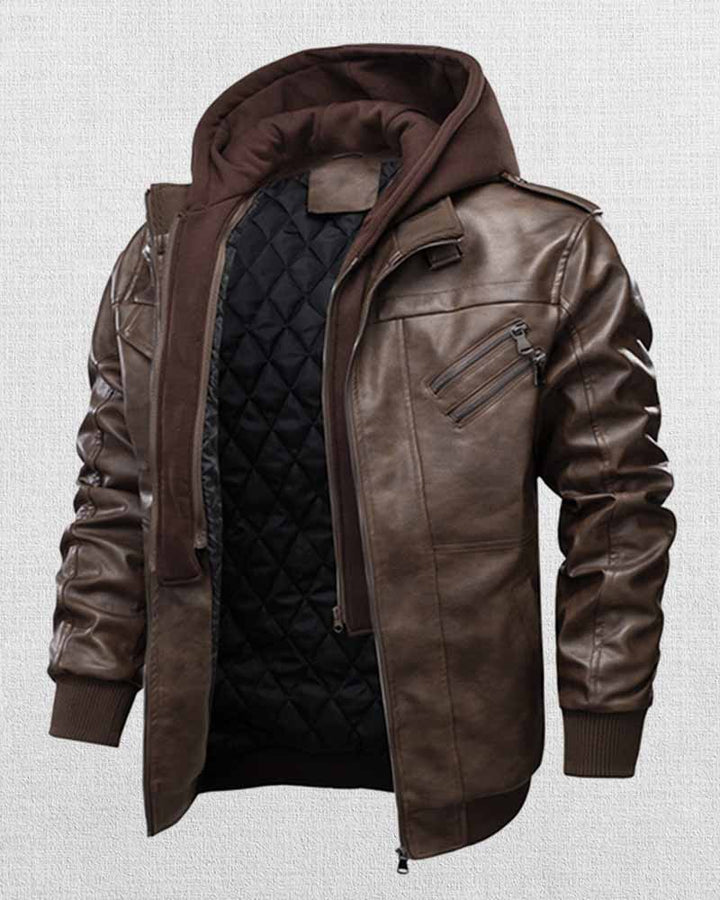Men's black leather hooded jacket with multi-pocket design in USA
