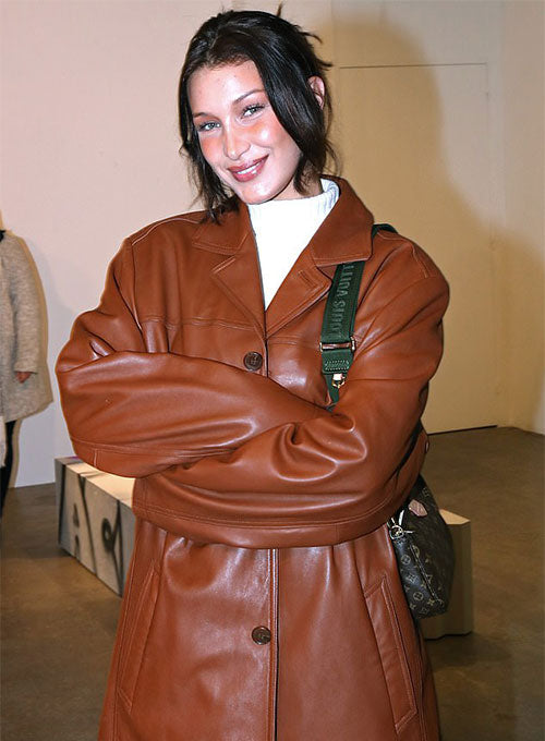 Leather trench coat worn by Bella Hadid adds a touch of elegance to her outfit in USA market