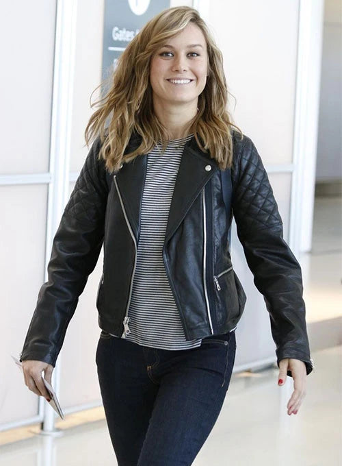 Leather jacket worn by Brie Larson adds a touch of edginess to her outfit in American style