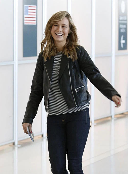 Brie Larson's fashion-forward leather jacket is perfect for a casual yet stylish look in United state market