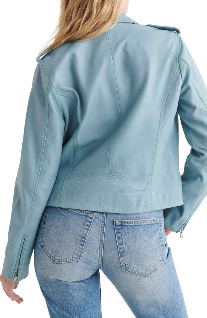 Light blue biker leather jacket for women in USA