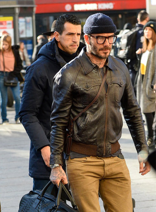 David Beckham's brown stylish leather jacket in USA market