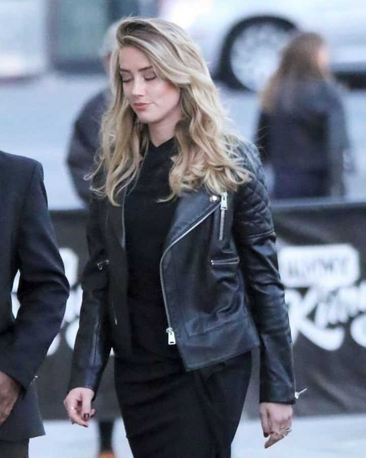 Amber Heard's signature look in a black leather jacket in United state market