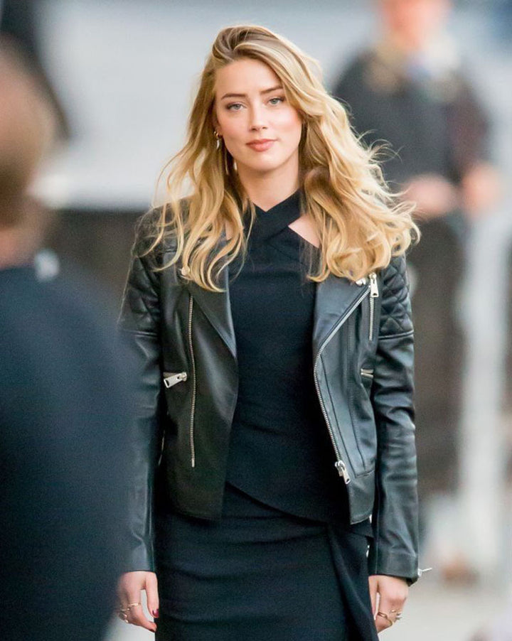 Amber Heard's stunning black leather jacket choice in USA market