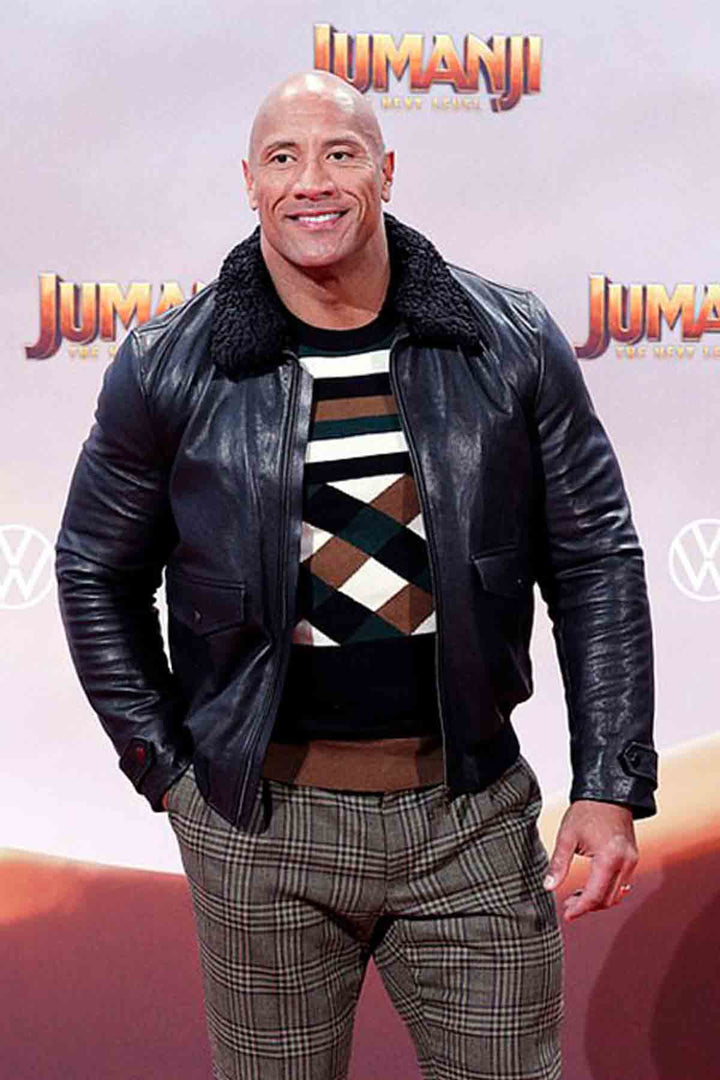 Designer Dwayne Johnson leather jacket with faux fur collar in German market