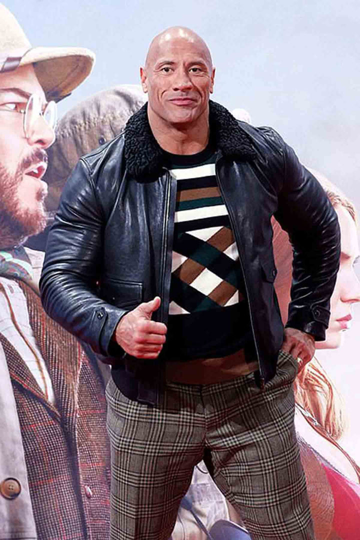Stylish leather jacket with faux fur collar, as seen on Dwayne Johnson in USA market