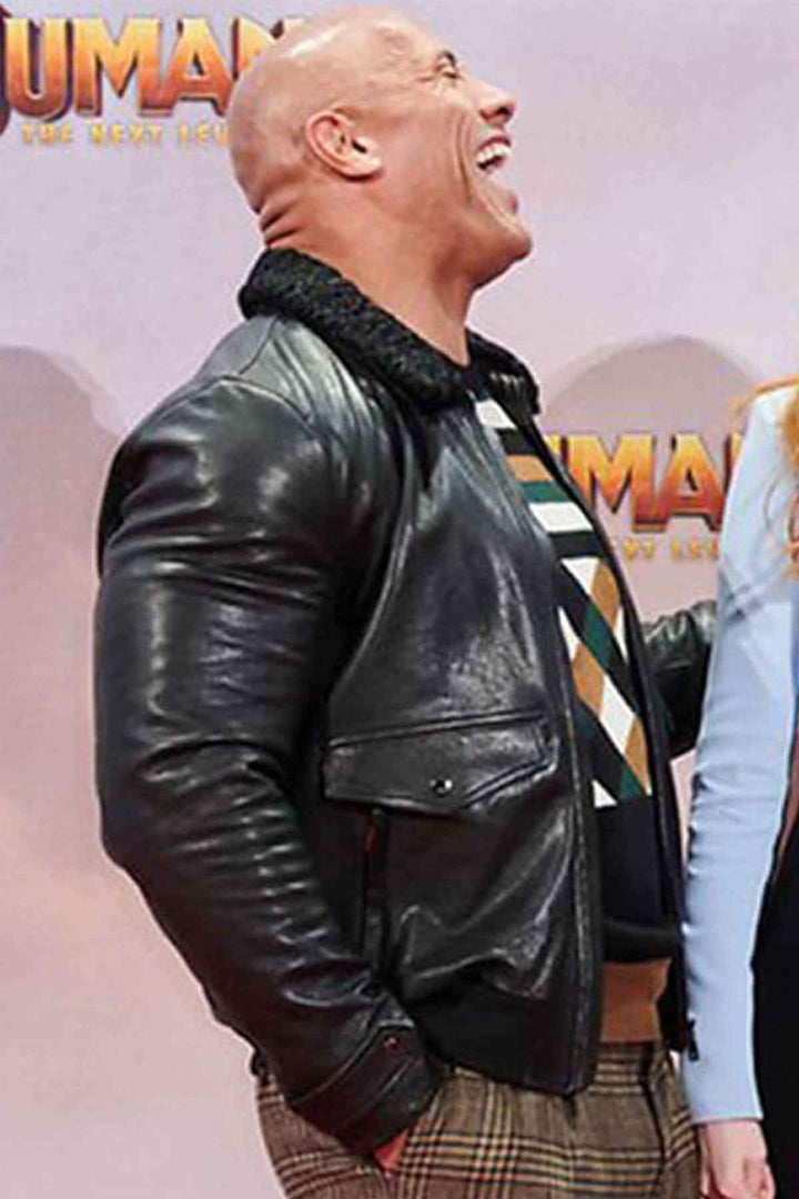Dwayne Johnson's fashion-forward leather jacket with faux fur trim in France style