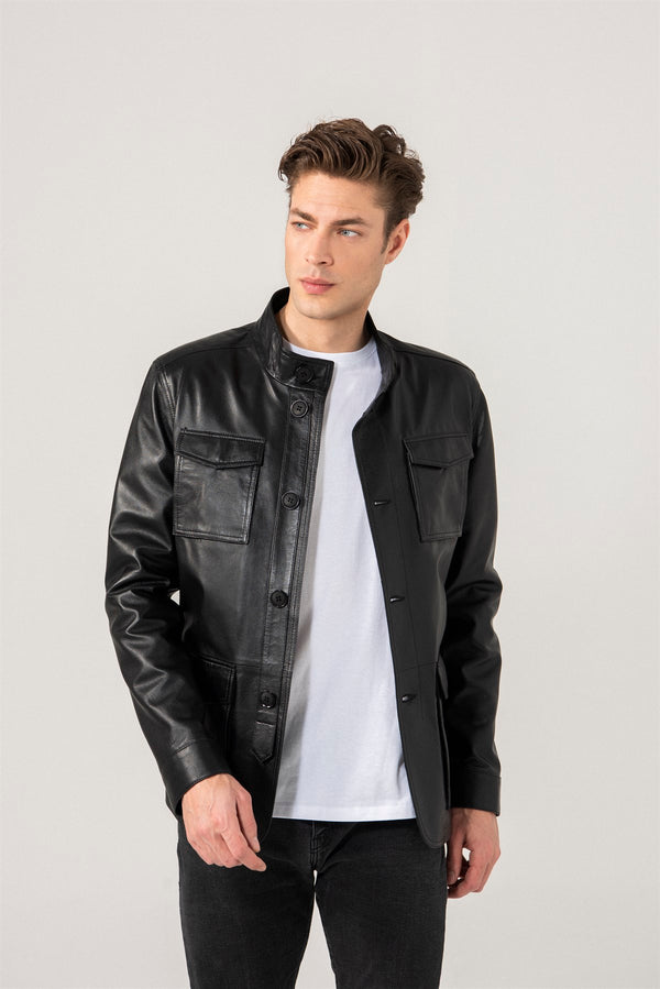 Men Sports Black Leather Jacket