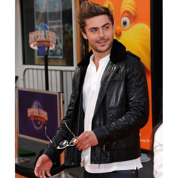 Zac Efron Black Leather Faux Fur Collar Jacket by TJS